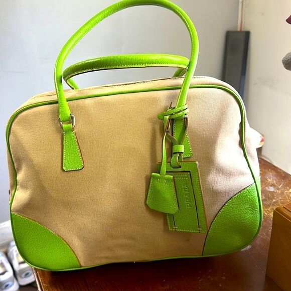 Vintage Prada Large Cinghiale-Trimmed Canapa Bauletto Bag - Picture 2 of 13